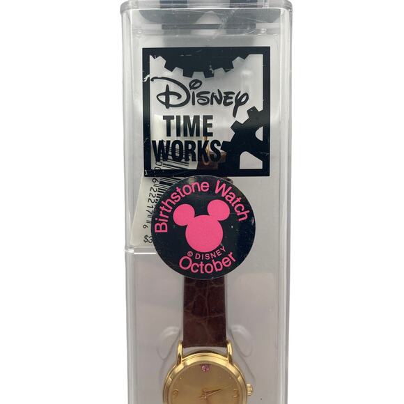 Disney Time Works Birthstone Watch October W/Case-Tag-papers-Adjustable Leather - Picture 1 of 12